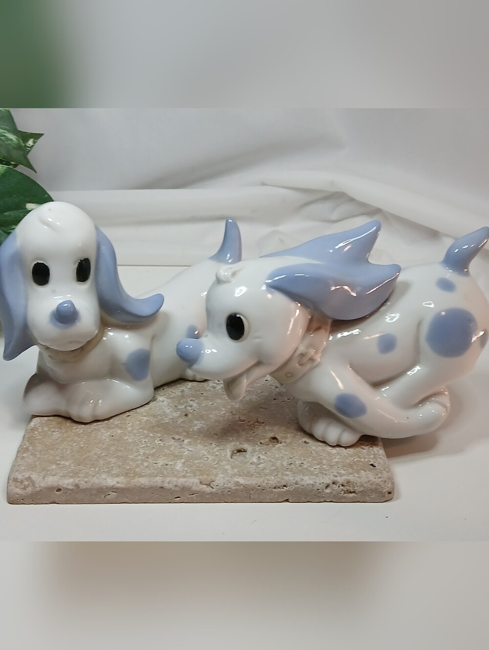 Vintage 1960s Pair of White and Blue Pottery Figurines Basset Hound Pups Japan